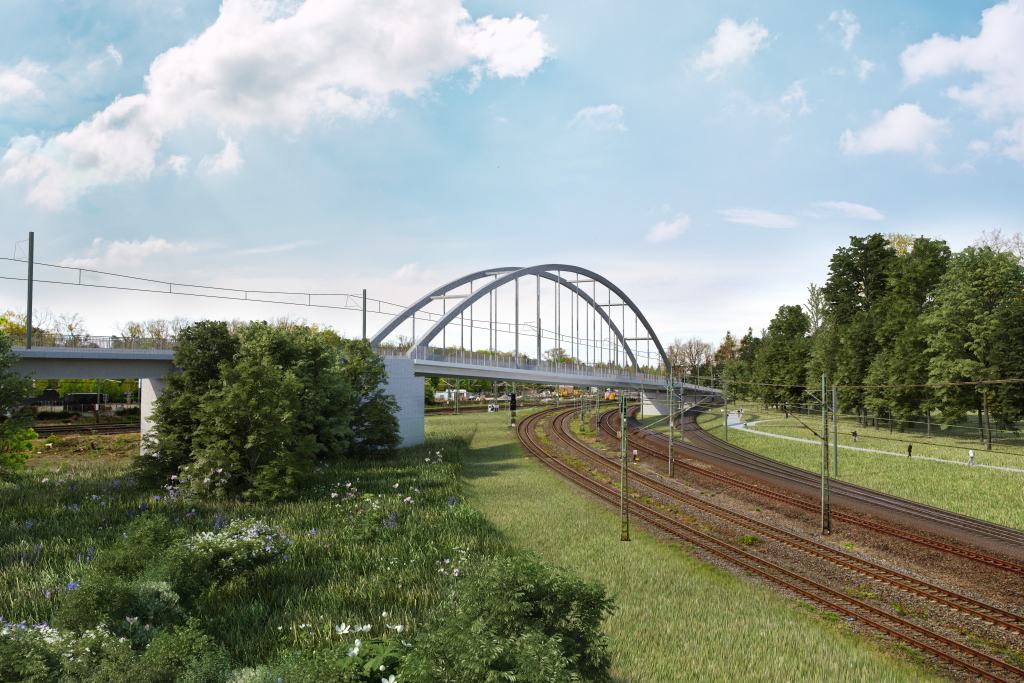 Foto: Die Brücke zwischen Bahnhof Stadion und Parkplatz Gleisdreieck bildet den Auftakt zum Bau der RTW. Foto: RTW Planungsgesellschaft mbH
