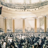Foto: Die Nationalversammlung in der Paulskirche. Kolorierte Lithografie von Ludwig von Elliot © Historisches Museum, Frankfurt am Main